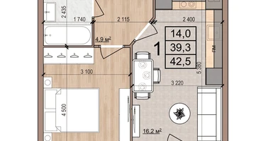 1-к. квартира, 42&nbsp;м²