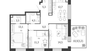 3-к. квартира, 74 м²