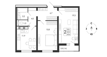2-к. квартира, 63 м²