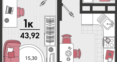 1-к. квартира, 43&nbsp;м²