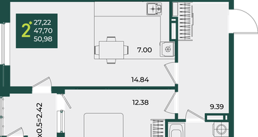 2-к. квартира, 50 м²