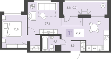 1-к. квартира, 71&nbsp;м²