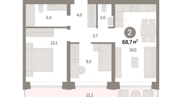 2-к. квартира, 68 м²