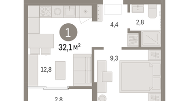 1-к. квартира, 32&nbsp;м²