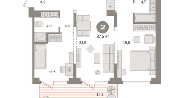 2-к. квартира, 87&nbsp;м²