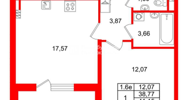 1-к. квартира, 38&nbsp;м²