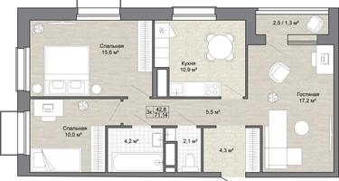 3-к. квартира, 71 м²