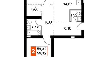 2-к. квартира, 59&nbsp;м²