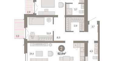 2-к. квартира, 82 м²