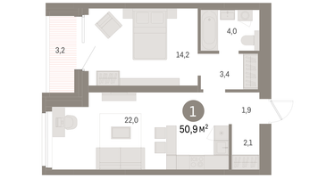 1-к. квартира, 50&nbsp;м²