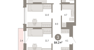 3-к. квартира, 84&nbsp;м²