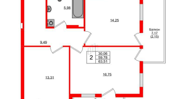 2-к. квартира, 63&nbsp;м²