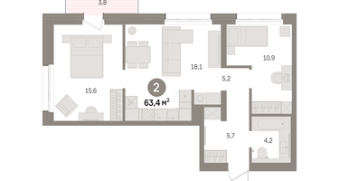 2-к. квартира, 63 м²