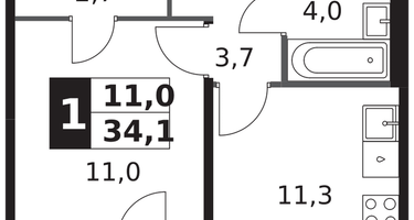 1-к. квартира, 34&nbsp;м²