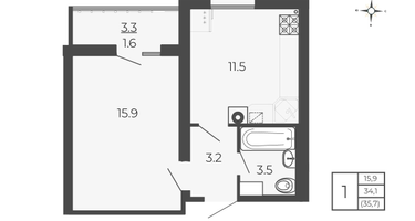1-к. квартира, 35&nbsp;м²