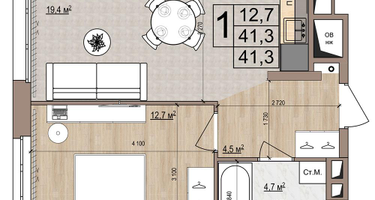 1-к. квартира, 41&nbsp;м²