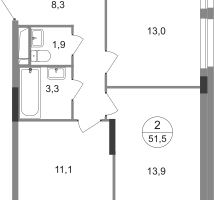 2-к. квартира, 51&nbsp;м²