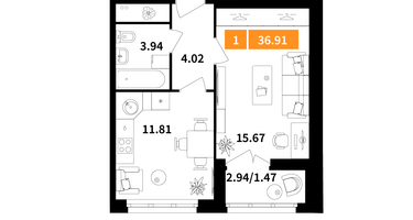 1-к. квартира, 36 м²