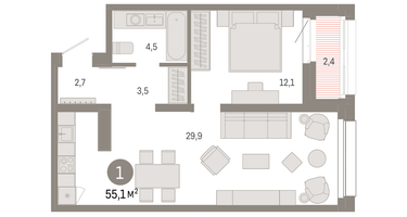 1-к. квартира, 55&nbsp;м²