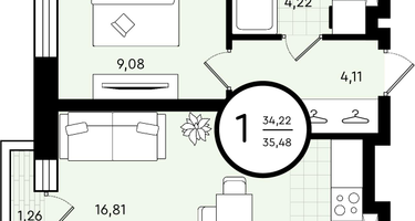 1-к. квартира, 35 м²