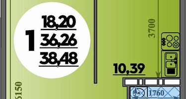 1-к. квартира, 38&nbsp;м²