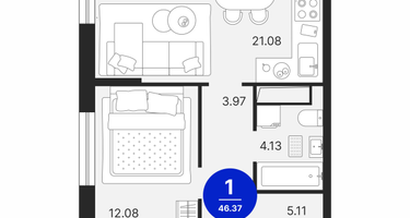 1-к. квартира, 46 м²