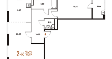 2-к. квартира, 69 м²