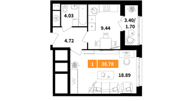 1-к. квартира, 38 м²