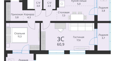 3-к. квартира, 60&nbsp;м²
