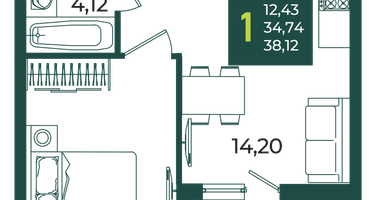 1-к. квартира, 38&nbsp;м²