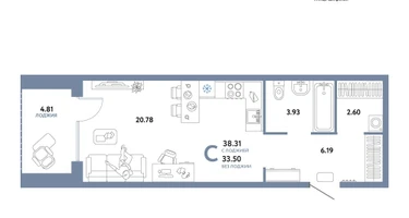 Студия, 38 м²