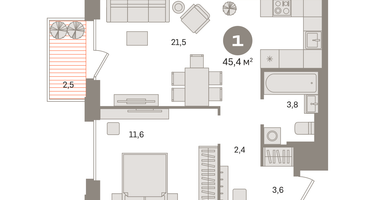 1-к. квартира, 45 м²