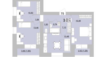 3-к. квартира, 71 м²