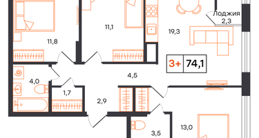 3-к. квартира, 74 м²