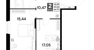 2-к. квартира, 66&nbsp;м²