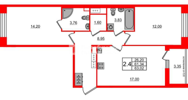 2-к. квартира, 61&nbsp;м²