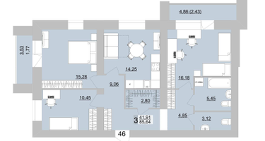 3-к. квартира, 89&nbsp;м²