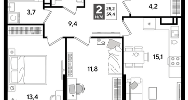 2-к. квартира, 58 м²