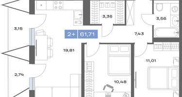 2-к. квартира, 61 м²