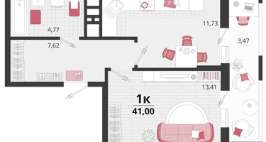 1-к. квартира, 41 м²