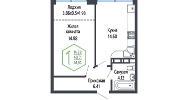 1-к. квартира, 42&nbsp;м²