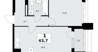 1-к. квартира, 43 м²