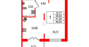 1-к. квартира, 39&nbsp;м²