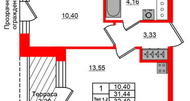 1-к. квартира, 31&nbsp;м²