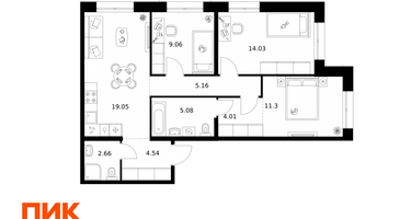 3-к. квартира, 74 м²