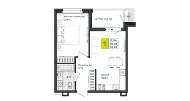 1-к. квартира, 42&nbsp;м²
