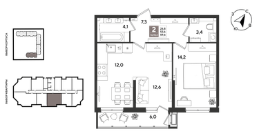 2-к. квартира, 58&nbsp;м²