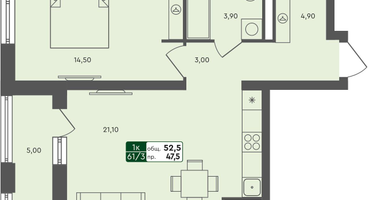 1-к. квартира, 52 м²