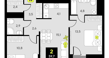 2-к. квартира, 59&nbsp;м²