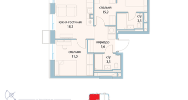 2-к. квартира, 57&nbsp;м²